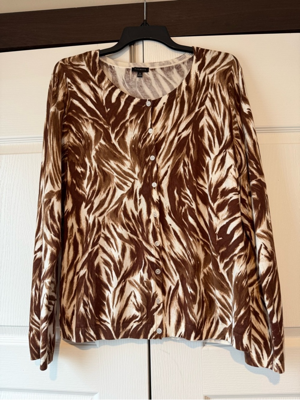 Talbots Button Charming Cardigan Feathered Waves Print Brown Cream Size XL